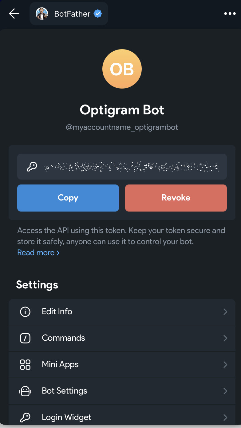 BotFather bot screen with an API token field and a Copy button.