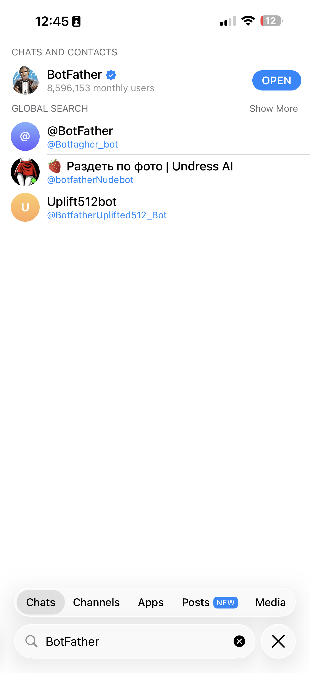 Telegram mobile: search for BotFather and open the verified BotFather result with the blue checkmark.
