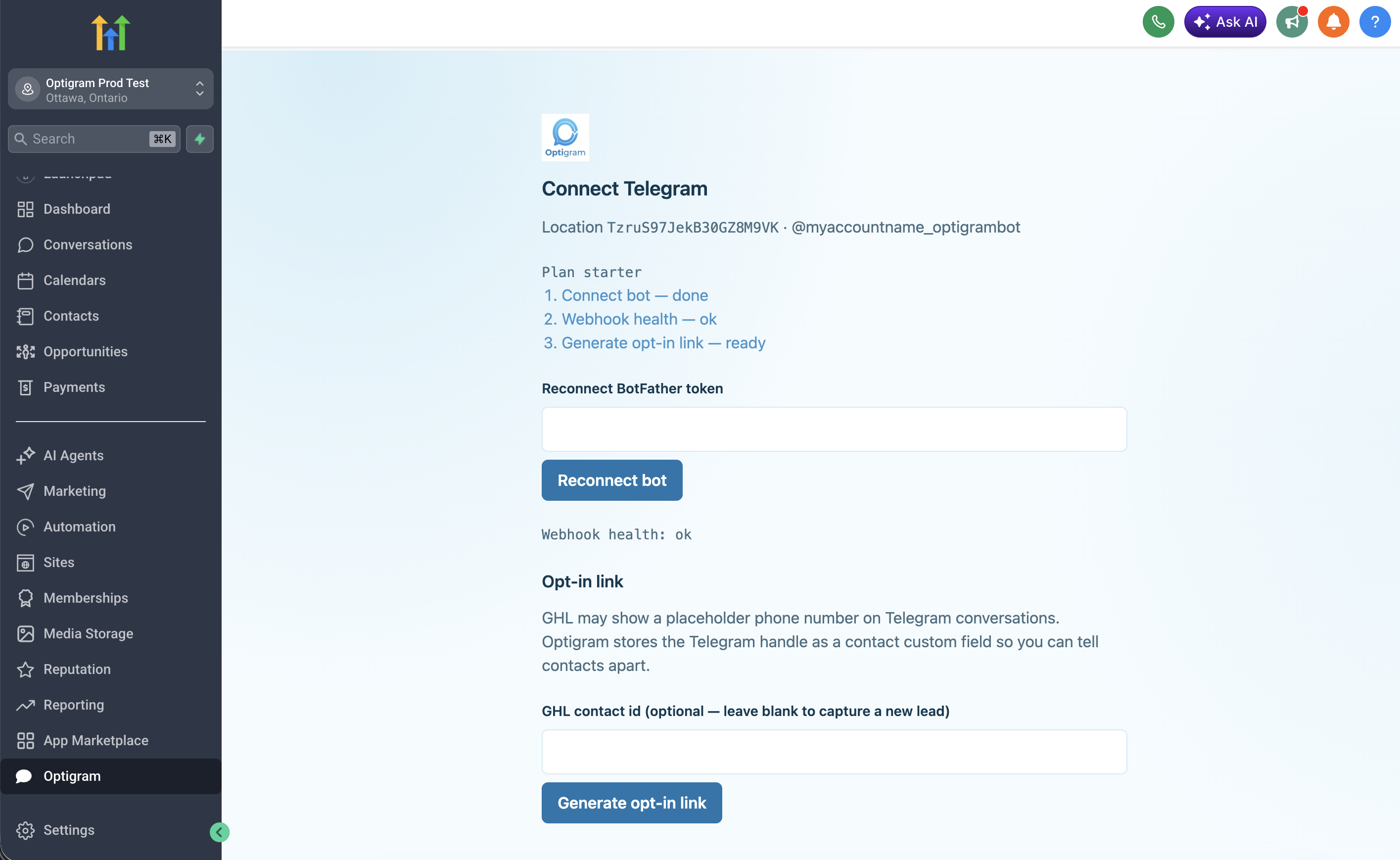 GoHighLevel sub-account with Optigram in the left menu and the Connect Telegram Custom Page, including BotFather token and webhook health.